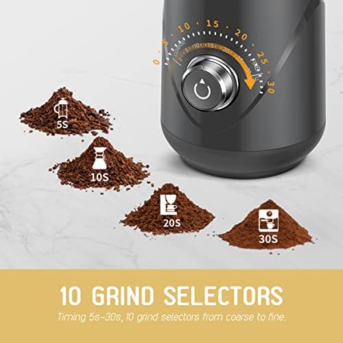 TWOMEOW Coffee Grinder, Adjustable Electric Spice Grinder with Stainless Steel Blade and Removable Grinding Cup for Coffee Beans, Nuts, Spices, Grains, 80g, Grey