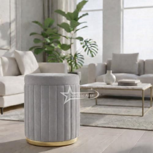 Image of Round Strip Stool with Cushion Foot Rest Office Stool Pouf Ottoman Padded Seat in Living Room - Grey