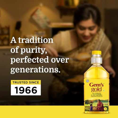 Image of Gem's Gold Cold pressed Groundnut /Peanut Oil 500 Ml | Smart Bottle Helps 30% lesser Oil consumption | Marachekku, Chemical Free | Kacchi Ghani /Chekku Cooking Oil