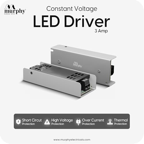 Image of Murphy 3A 12V DC LED Driver (SMPS) | Constant Voltage Power Supply for Indoor LED Strip Lights | Aluminium Body | BIS Approved | Pack of 1 (1-Year Warranty)