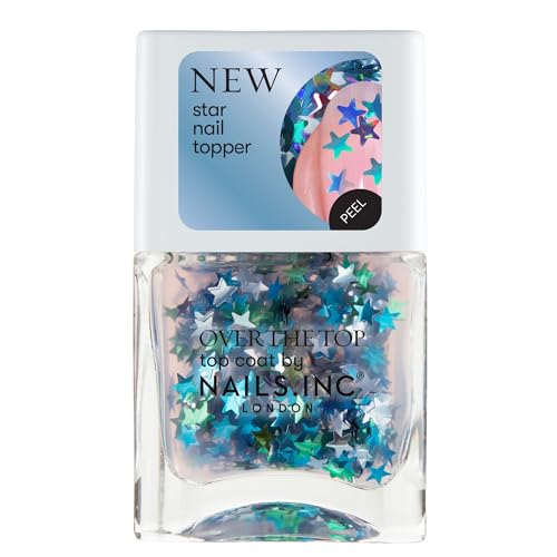Nails Inc Over The Top, Glittering In Greenwich, Blue Stars, Confetti, Top Coat, Glossy, No Chip, Long Lasting, Quick Dry, Air Dry, Cruelty Free, Vegan, Nail Polish, 14 ML