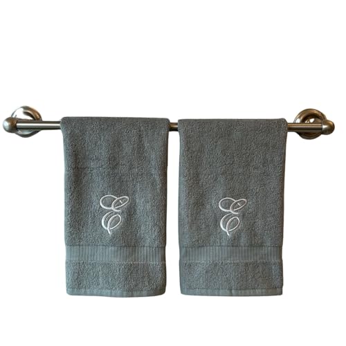 Decorvo Gray Monogrammed Hand Towels for Bathroom - Luxury Hotel Quality Personalized Initial Embroidered Towel for Powder Room, Spa - GOTS Organic Certified - Set of 2 Silver Letter E
