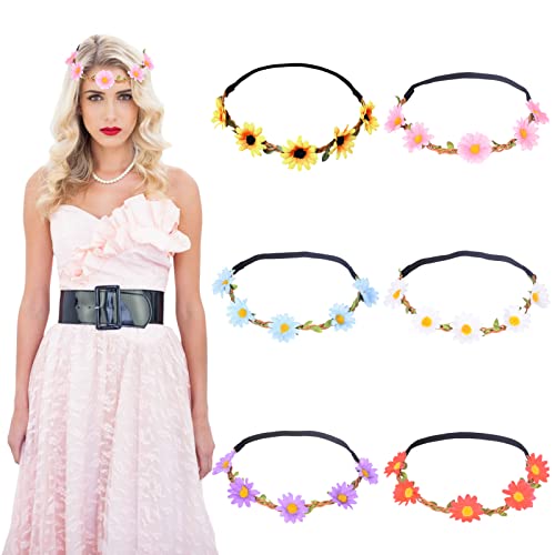 GmeDhc 6 Stück Blumenkranz Haare, Gänseblümchen Krone Stirnband, Haar Garland Ribbon, Kopfschmuck Mehrfarbige Böhmische Kopfbedeckung, für Kinder Frauen Mädchen Braut Brautjungfer Cover