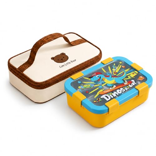 Image of Motka Kids 650 ML Lunch Box Set with Insulated Lunch Bag | 3 Compartments BPA Free Leakproof, Bento Snack Container for School, Travel & Picnic | Cute Cartoon Design for Boys & Girls (Yellow)