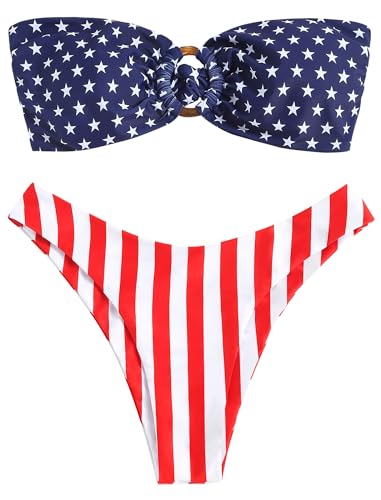 Image of ZAFUL Women's Bandeau Bikini O Ring Strapless Tie Back High Cut Two Piece Swimsuit Bathing Suits