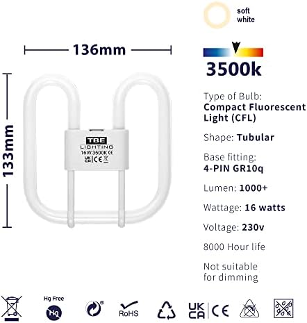 TBE LIGHTING 16w 2D 4-PIN CFL Energy Saving Lamps - DD Fluorescent Bulbs - 4-Pin GR10q Base Fittings - Long Life Lamp, Soft White 3500K (4-Pack)
