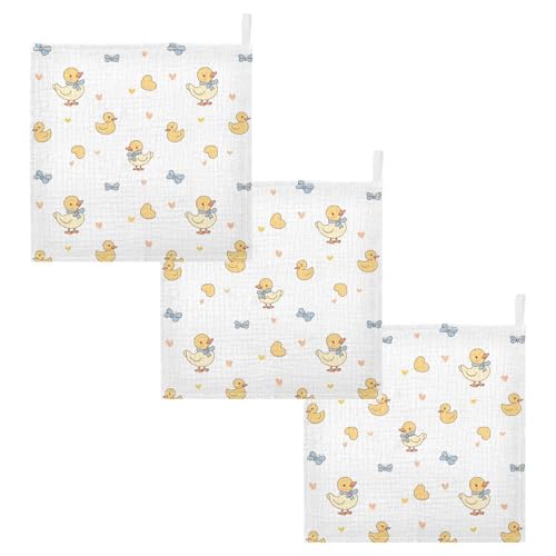 Image of vvfelixl Baby Muslin Washcloths Duck with Ribbon Baby Burp Cloths Cotton Babys Face Towel for Newborn Infants Boys Girls Soft and Absorbent 11.8 X 11.8 in, 3 Pack