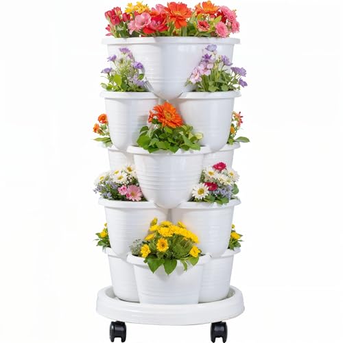 VECELO 5 Tier Vertical Garden Planter, Self Watering Stackable Planters with Wheels for Strawberries, Herbs, Flowers, Vegetables, White