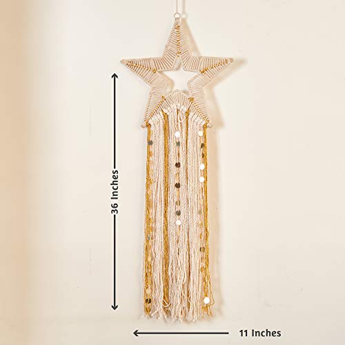 Image of Folkulture Gold Star Macrame Wall Hanging, Wall Decor for Living Room & Bedroom, Boho Farmhouse Style for Teen Girls & Dorm Room, 11 inch x 36 inch Inches