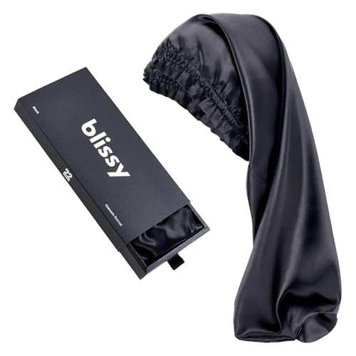 BLISSY 100% Mulberry Silk Bonnet for Sleeping Women 22 Momme Cascade Bonnet for Long Curly Hair Braids & Locs (Black)