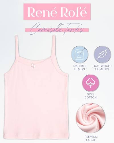 Rene Rofe Girls Camisole - 6 Pack 100% Cotton Soft Girls Undershirts - Lightweight Spaghetti Strap Tank Top (Sizes: 2T-14)2