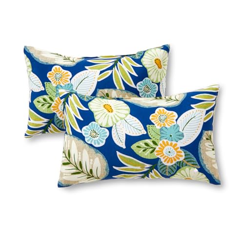 Set of 2 Outdoor Throw Pillows 19 x 12 Inch – Reversible Rectangle Patio Accent Pillows – Weather-Resistant Polyester Fabric – Eco-Friendly Recycled Polyfiber Fill – Marlow Blue Floral