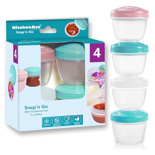 Image of KITCHENACE,Modernise your living Small Plastic Containers 150ml | Ideal for Lunch, Dips, Salad Dressing, Spices, Nuts & Dry Fruits | Airtight, Leakproof, Compact Storage Set of 4 Snap'n Go Assorted