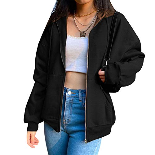 Lunoakvo Women Vintage 90s Solid Zipper Front Oversized Long
