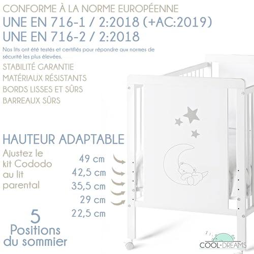 COOL · DREAMS Lit bébé Indi + kit de Couchage + Matelas HR + 4 Roues + Drap Housse + surmatelas CoolDreams – vue 4