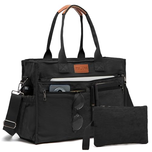 Corduroy Tote Bag for Women 2Pcs Set, 14-Pocket Lightweight Laptop Work Tote, Teacher & College Travel Crossbody Bag (360/Black)