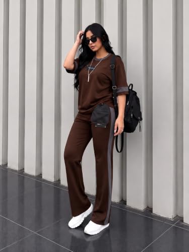 Image of Tracksuit for Women | Casual Brown Loungewear 2 Piece Set | Short Sleeve T Shirt and Wide Leg Pants with Side Stripes | Sports Jogging Co ord Matching Sweatsuit(40-N-1-4)