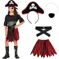 TGKEAIY Kids Pirate Costume Girls, 4 Pieces Fancy Dress Girls Role Play Dress Up with Pirate-Hat & Pirate Eye Patch, Pirates Princess Deluxe Dress for Themed Birthday Party Halloween Costume