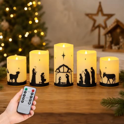 Image of Nativity Scene Flameless Candles, Christian Christmas Decorations, 5 Pack