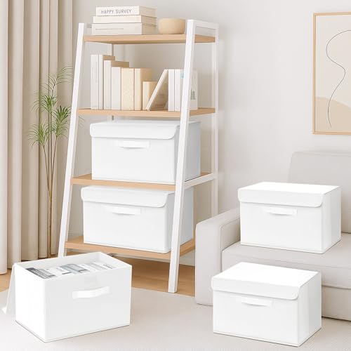 DIMJ Aufbewahrungsboxen mit Deckel, Faltbare Aufbewahrungskiste mit Griff, Aufbewahrungskorb Stoff, Ordnungsboxen Kleiderschrank Organizer, Faltbox für Kleidung, 2 Stück, Hellweiß