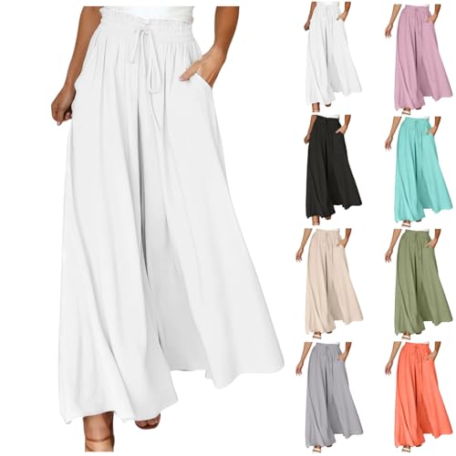 White Palazzo Pants For Women,Palazzo Pants For Women Casual Comfy Drawstring Elastic High Waist Flowy Wide Leg Pant Lounge Boho Beach Trousers White Large