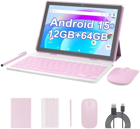 Android 15 Tablet 10 inch, 2 in1 Tablets with Keyboard Case Mouse Stylus, 12GB RAM 64GB ROM 1TB Expand, Quad-Core Processor Tablet PC, 5G WiFi6, BT5.0, 6000mAh, 1280*800 IPS Screen, Widevine L1, Pink Android 15 Tablet 10 inch, 2 in1 Tablets with Keyboard Case Mouse Stylus, 12GB RAM 64GB ROM 1TB Expand, Quad-Core Processor Tablet PC, 5G WiFi6, BT5.0, 6000mAh, 1280*800 IPS Screen, Widevine L1, Pink