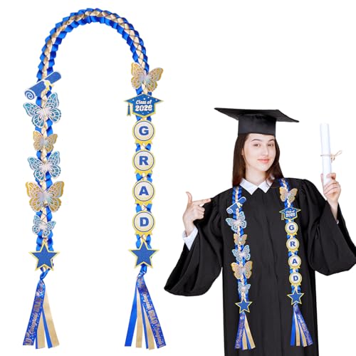 Image of Class of 2026 Graduation Lei,Blue & Gold Double Ribbon Lei with DIY Butterfly Pin Accessories,Graduation Gift for Her Him Woman Man Graduate