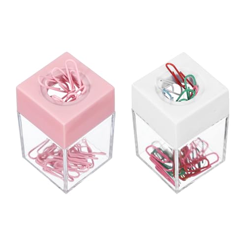 PATIKIL Magnetic Paper Clip Holder Dispenser, 2Pcs Large Capacity Paper Clip Organizers with Magnetic Top for Desk Supplies, Office, Classroom, Home, Pink/White(36Pcs, Multicolor Clip)