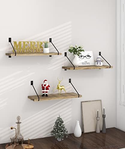 Gronda Wooden Floating Shelves Set of 3, Rustic Wall Mounted Shelves with Black Metal Brackets for Bathroom Kitchen Bedroom Living Room Office Plant Display Shelf Storage