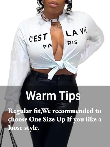 Sexy Tie Front Crop Top for Women Long Sleeve Graphic Tee Shirt Clubwear3