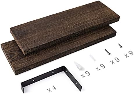 Mkouo Rustic Wood Floating Shelves Decoractive Wall Storage Shelf with Lip Brackets for Living Room Bathroom Kitchen Hallway Office, Set of 2