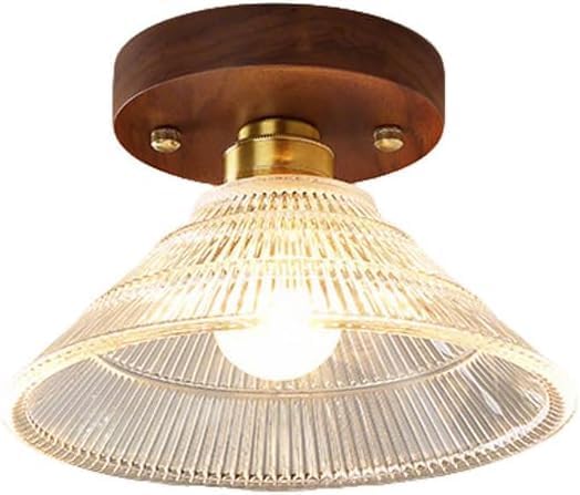 Mid Century Modern Semi Flush Mount E26E27 Base Ceiling Light with Glass Shade Wood Close to Ceiling Lamp for Bedroom Dining Room Hallway Entryway