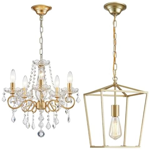 ANJIADENGSHI Mini Crystal Chandelier for Living Room, Lantern Pendant Light, Gold Chandelier for Kitchen Island Entryway Dining Room Hallway Bar Cafe Cover
