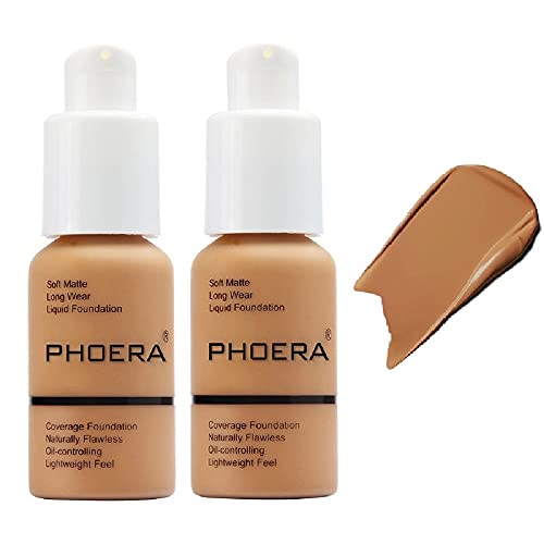 2 Pack PHOERA Foundation 106 Warm Sun Matte Oil Control Concealer Foundation Cream,PHOERA Long Lasting Waterproof Matte Liquid Foundation for Women Girls