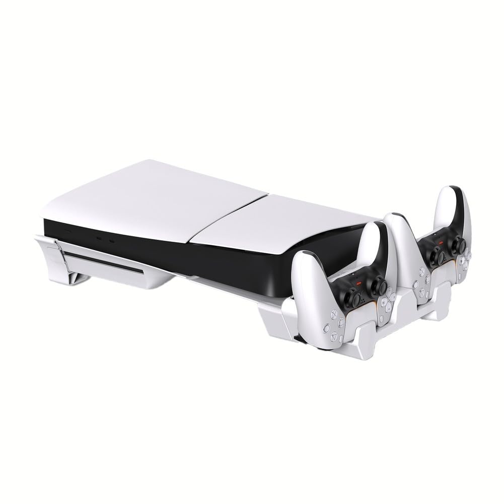 Stazione di ricarica per controller PS5 con ventola di raffreddamento per PS5 Pro/PS5 Slim, dock di ricarica rapida con protezione da surriscaldamento, base bianca salvaspazio