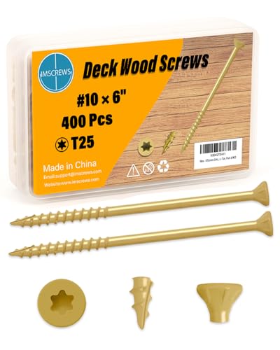 Image of IMSCREWS 400-Pack #10 x 6 Deck Screws, Star Drive, 1000h Salt Spray Resistant Coating, Tan Exterior Wood Screws for Landscaping & Treated Lumber, with Re-usable Sturdy PVC Box (No Bit)
