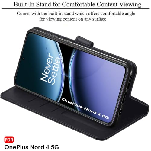 Image of TheGiftKart Genuine Leather Finish Flip Back Cover Case for OnePlus Nord 4 5G | Inbuilt Pockets & Stand | Wallet Style | Designer Button | Flip Cover Back Case for OnePlus Nord 4 (Faux Leather, Black)