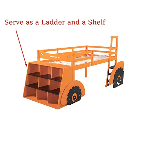 Jivoit Twin Size Forklift Car-Shaped Loft Bed, Wood Loft Bed Frame With Storage Shelves And Wood Slat Support, Low Loft Bed For Kids Toddlers Child's Bedroom (Orange+Forklift Car-Shaped) #TOP4