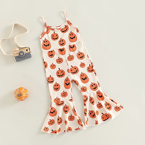 Toddler Baby Girl Floral Jumpsuits Kids Halloween Pumpkin Flower Strap One Piece Overall Romper Flare Pants Clothes (Pumpkin Orange,18-24 Months) #TOP1