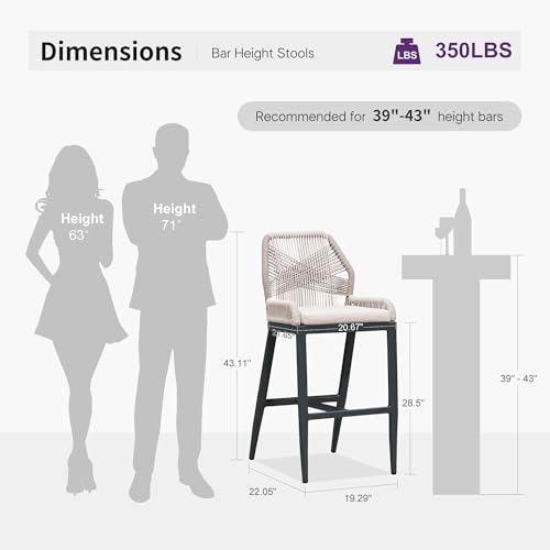 Image of PURPLE LEAF Bar Stools Set of 4 Outdoor Bar Height Metal Stools Modern Wicker Rattan Barstools with Back Aluminum Outside Garden Patio Bar Chairs