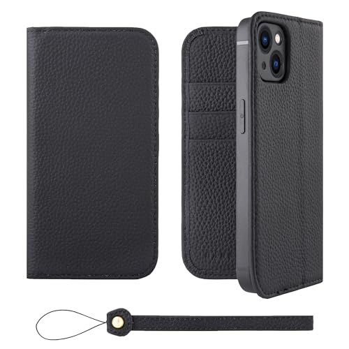 HANATORA iPhone13 ケース 手帳型 本革 スマホケース スマホ スタンド ストラップ 付き シュリンクカーフレザー ギフト ベルトなし マグネットなし ブラック H0XA-13-Black ギフト 誕生日ギフト 女性 彼女 お母さん お父さん 人気商品 30代 40代 50代 60代 70代