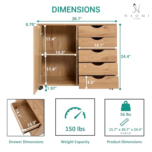 Image of Naomi Home Rolling Storage Cabinet with 5 Drawers & Side Cabinet, Engineered Wood Organizer with Shelves, Handle-Free Design & Swivel Casters for Home Office, Kids Room & Entryway - Natural