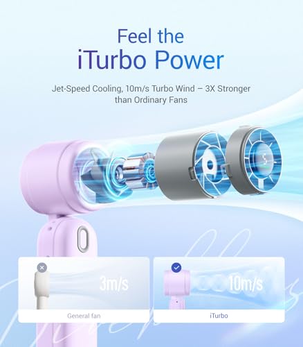 Image of Diveblues Mini Handheld Fan, 30ft /s Portable Turbo Fan [12H Max Cooling], 4000mAh Personal Fan with LED Display, 3-in-1 Hand Held /Neck /Desk Fan for Travel, Cruise, Disney Essentials