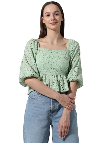Image of ONLY Self Design Schiffli Square Neck Puff Sleeves Smocked Pure Cotton Top
