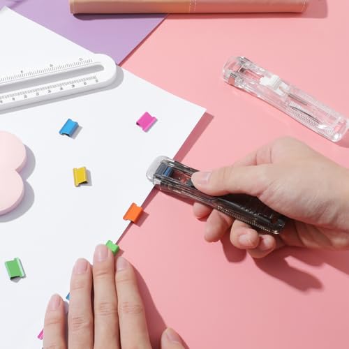 Image of Housoutil Portable Binder Clip Stapler, 2 Pack Mini Push Stapler Handheld, Mini Push Clamp Dispenser with Reusable 50PCS Colorful and 50PCS Silver Clip for Fixing Documents Home School Desk Office