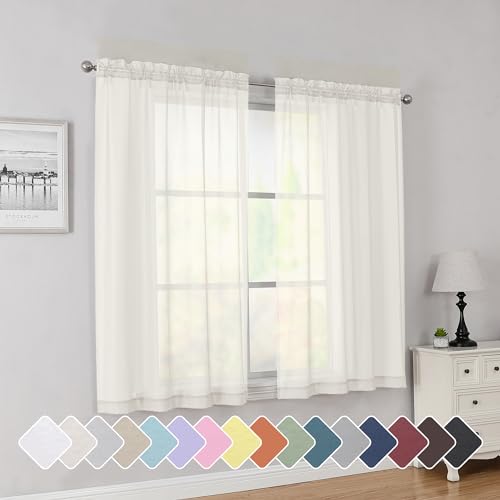 Image of Simplebrand Rod Pocket Top Solid Voile Sheer Curtains for Bedroom, 54 Inch Length Drapes Set of 2, Lightweight and Light Filtering Elegant Ivory Curtains Panels Window Treatment, 42Wx54L, Ivory