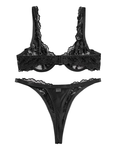 Image of Lilosy Sexy Floral Lace Scallop Underwire Push Up Sheer Lingerie Set Outfits