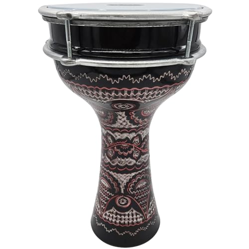 ZAZA Percussion 16'' Length Aluminum Darbuka, 8" Tunable Synthetic Head Turkish Doumbek Drum (Black- Engrave)