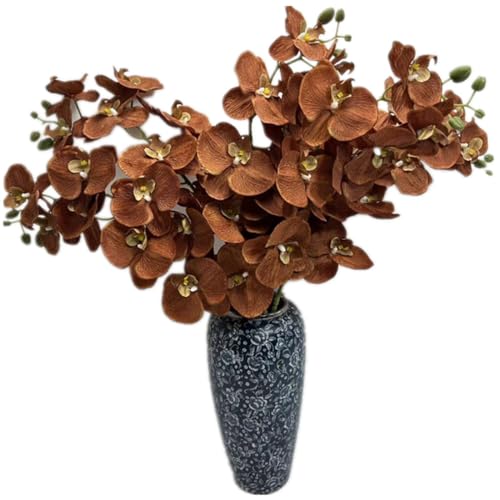 forestmistry 5pcs Artificial Moth Orchid Flower Branch 9 Heads Faux Silk Phalaenopsis Orchid with Long Stem for Wedding Hotel Home Floral Decor (Dark Brown)