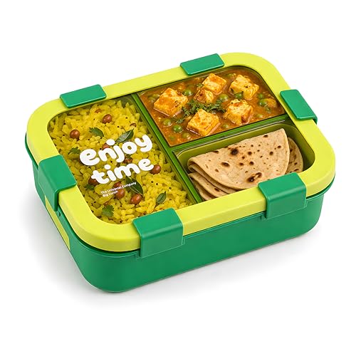Image of Kids Tiffin Box Leakproof Lunch Box with 3 Compartments & Spoon | Food Grade BPA-Free Plastic Bento Lunch Box for School Boys & Girls | Airtight Snack Container for Kids & Office Use (700ml)